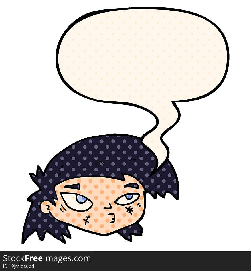 cartoon scratched up face and speech bubble in comic book style