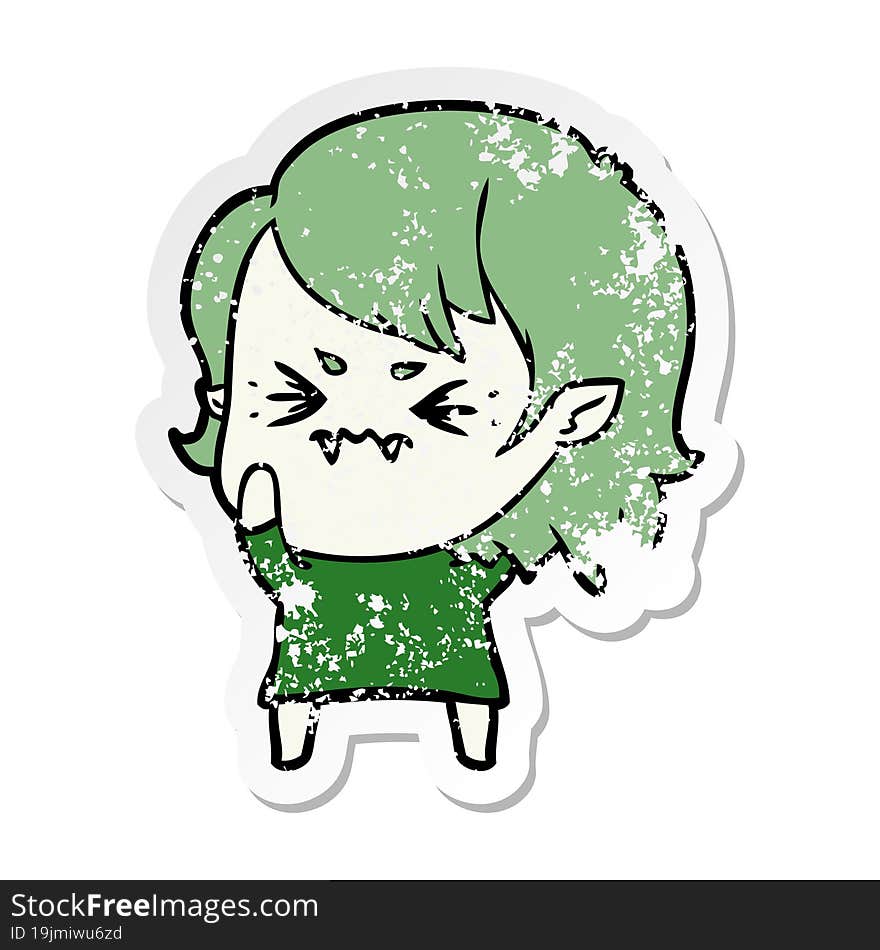 Distressed Sticker Of A Annoyed Cartoon Vampire Girl