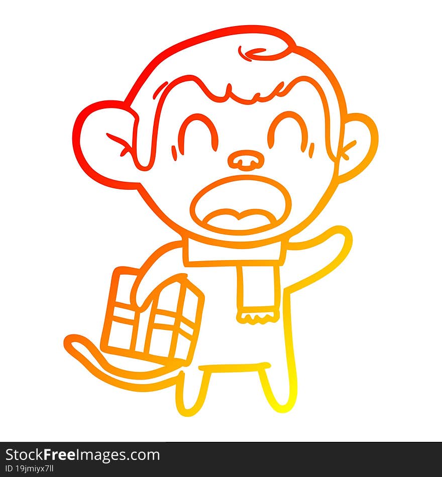 warm gradient line drawing shouting cartoon monkey carrying christmas gift