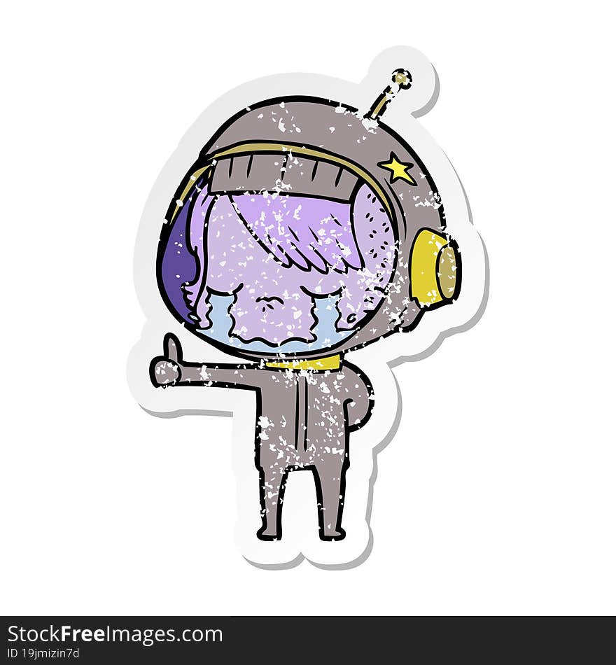 Distressed Sticker Of A Cartoon Crying Astronaut Girl Making Thumbs Up Sign