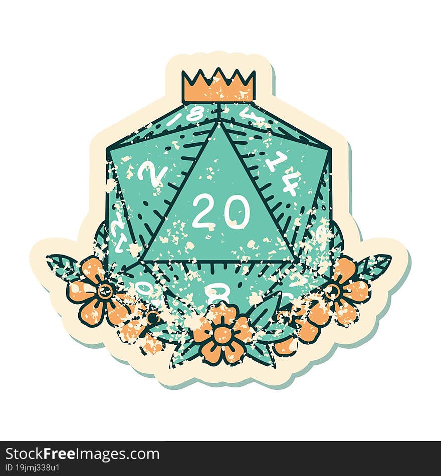 grunge sticker of a natural 20 D20 dice roll with floral elements. grunge sticker of a natural 20 D20 dice roll with floral elements