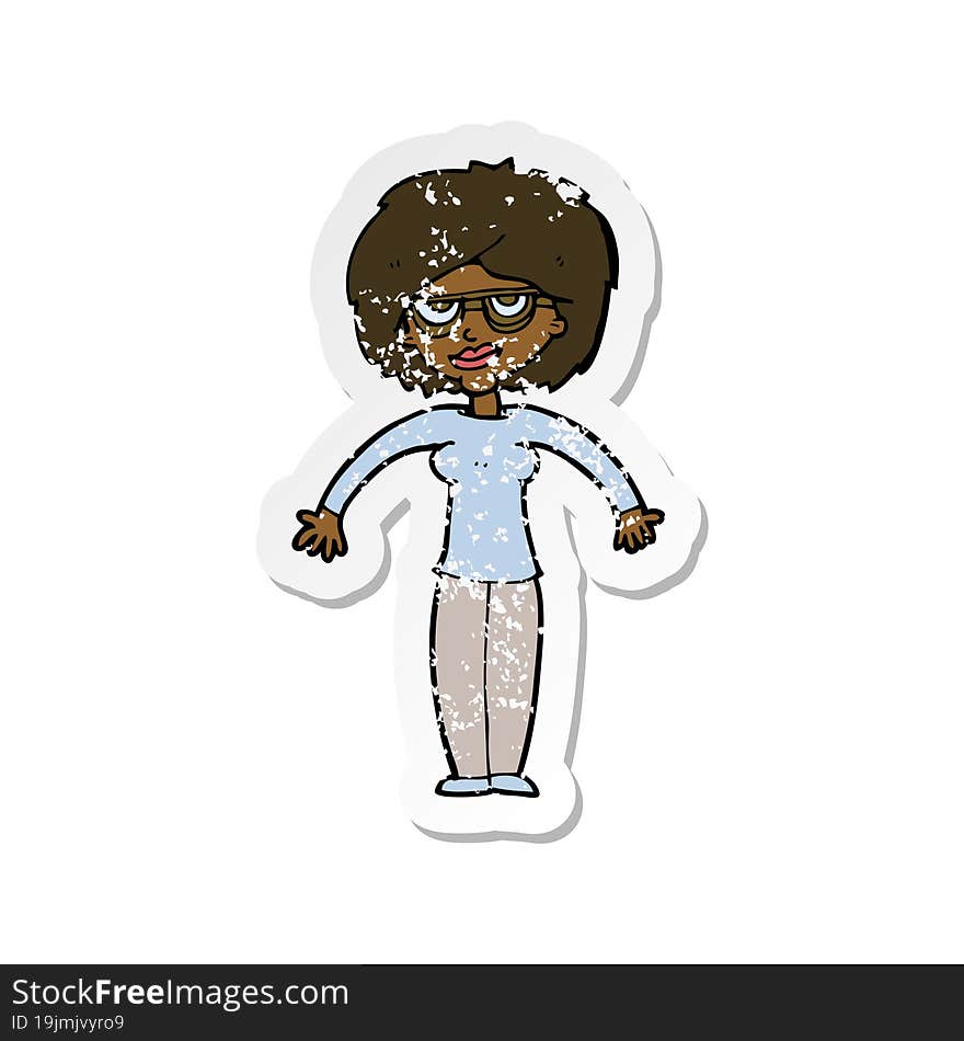 Retro Distressed Sticker Of A Cartoon Woman Shrugging Shoulders