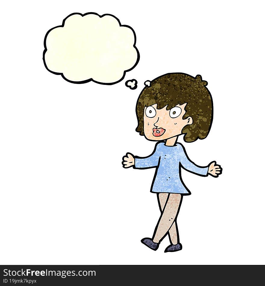 cartoon woman with open arms with thought bubble