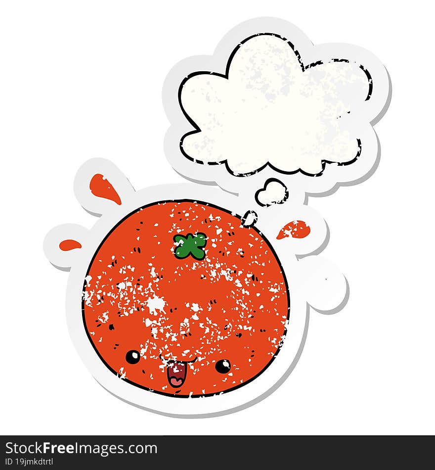 cartoon orange and thought bubble as a distressed worn sticker