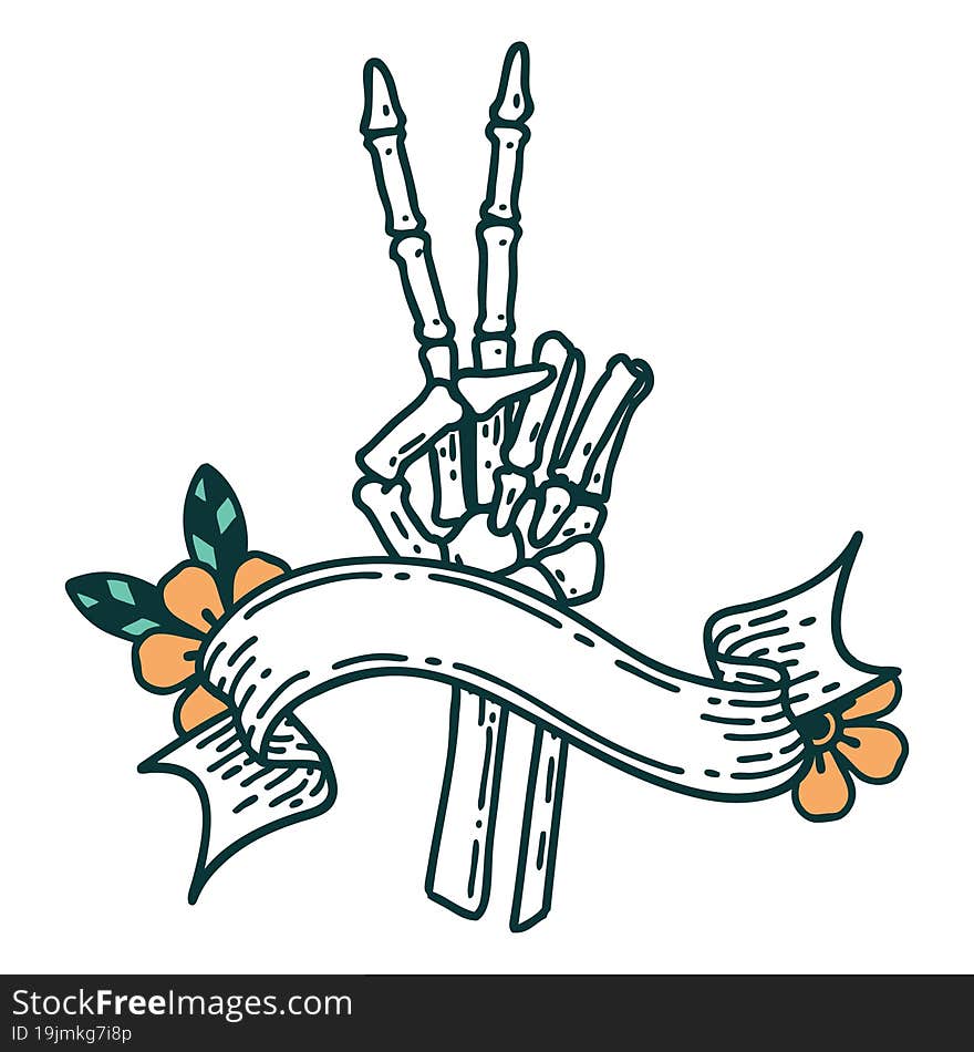 traditional tattoo with banner of a skeleton giving a peace sign. traditional tattoo with banner of a skeleton giving a peace sign