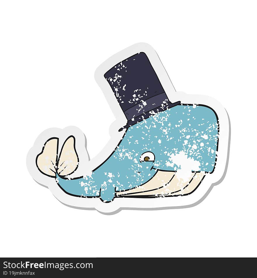 retro distressed sticker of a cartoon whale in top hat