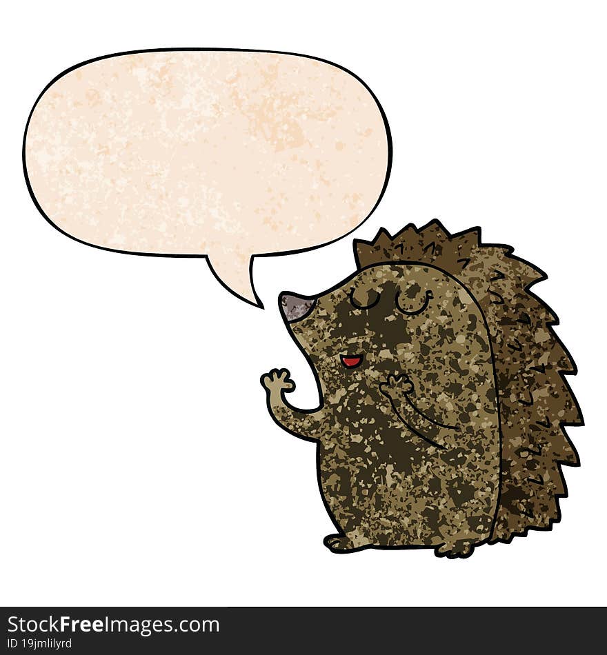 cartoon hedgehog and speech bubble in retro texture style