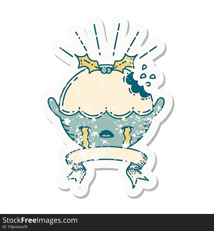 Grunge Sticker Of Tattoo Style Christmas Pudding Character Crying