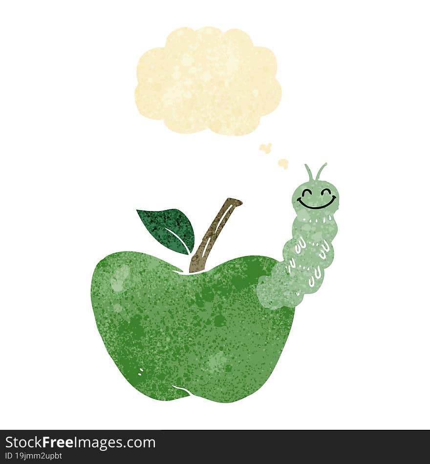 cartoon apple with bug with thought bubble