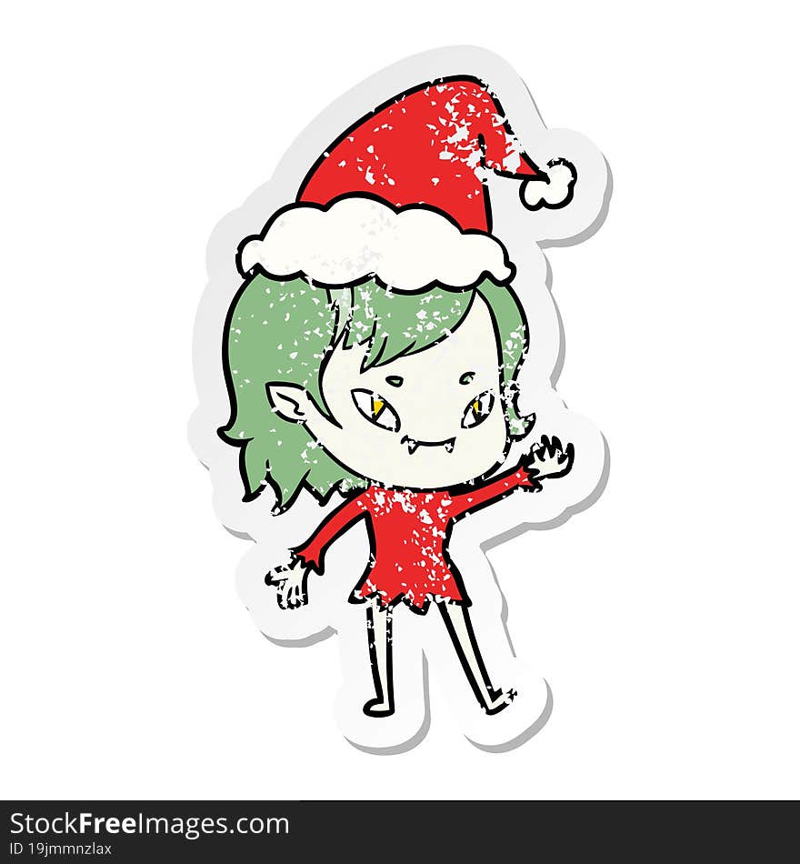 distressed sticker cartoon of a friendly vampire girl wearing santa hat