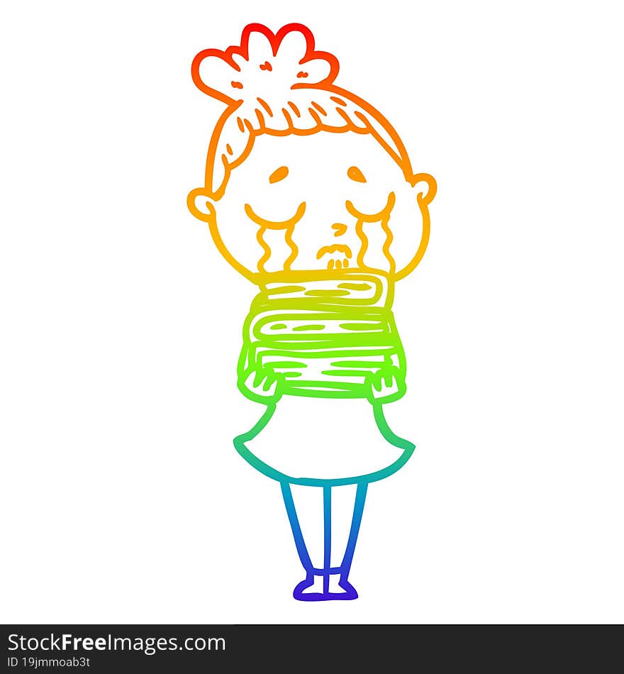 rainbow gradient line drawing of a cartoon crying woman with stack of books