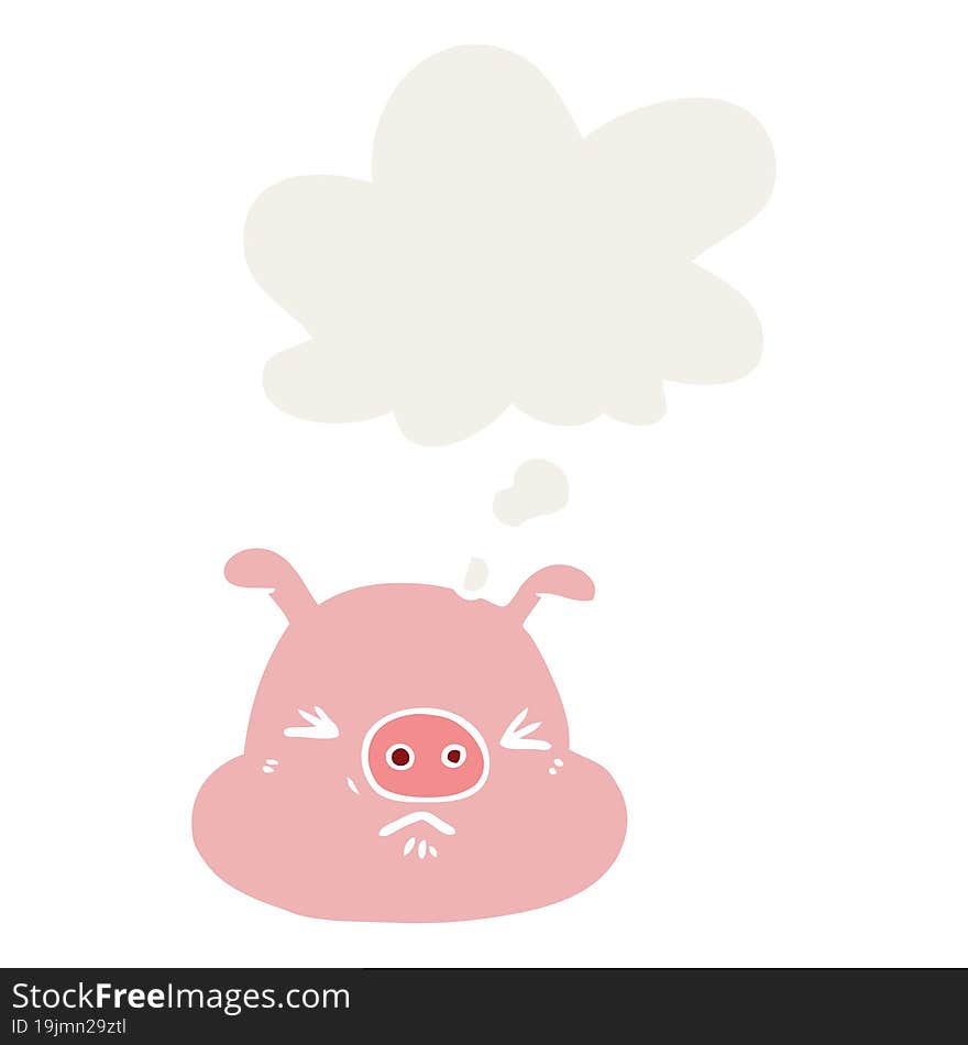 cartoon angry pig face and thought bubble in retro style