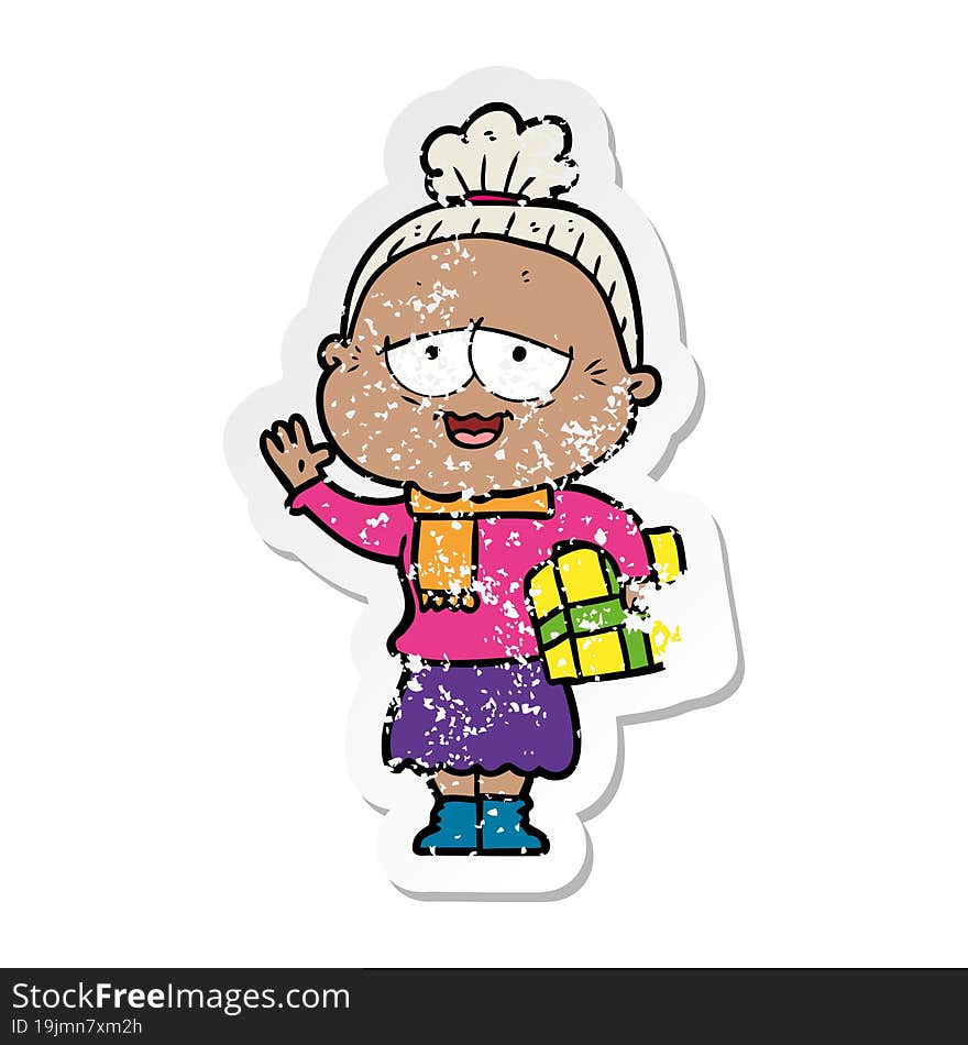 Distressed Sticker Of A Cartoon Happy Old Lady