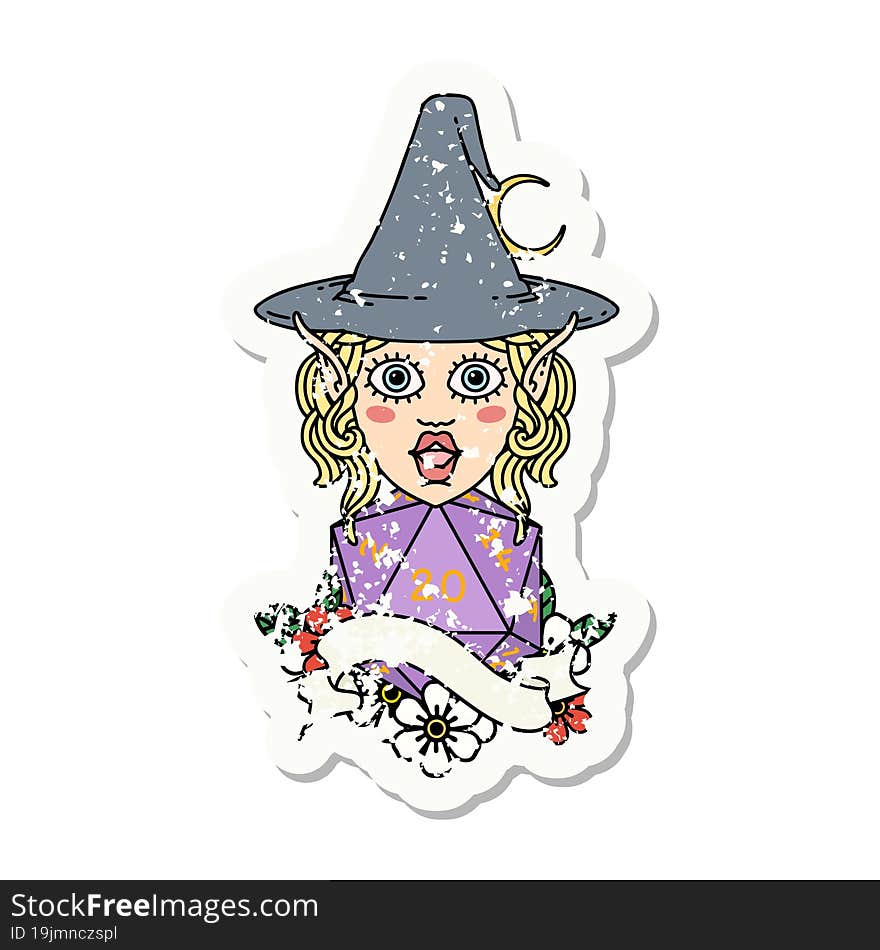 grunge sticker of a elf mage character with natural twenty dice roll. grunge sticker of a elf mage character with natural twenty dice roll