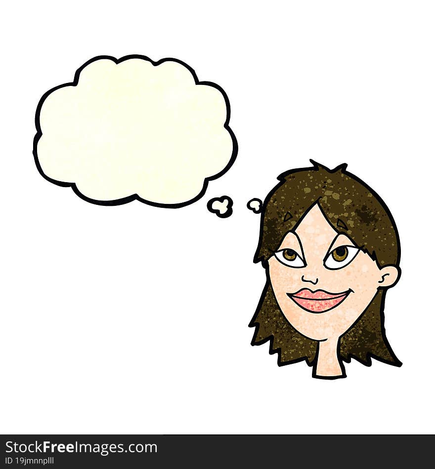 cartoon happy woman with thought bubble