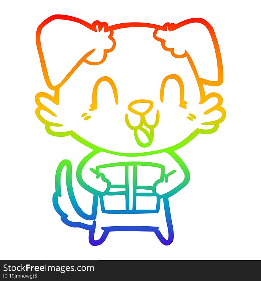 rainbow gradient line drawing laughing cartoon dog with christmas present