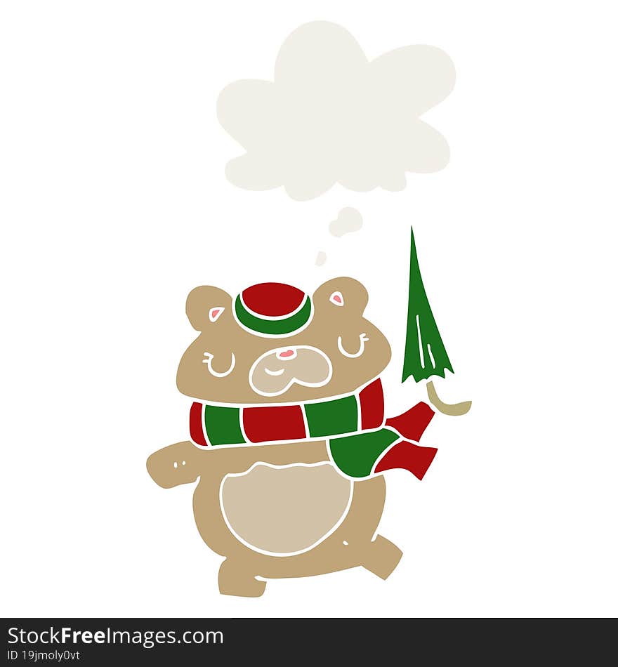 Cartoon Bear With Umbrella And Thought Bubble In Retro Style