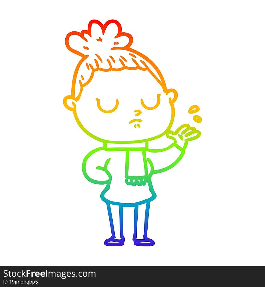 rainbow gradient line drawing of a cartoon calm woman