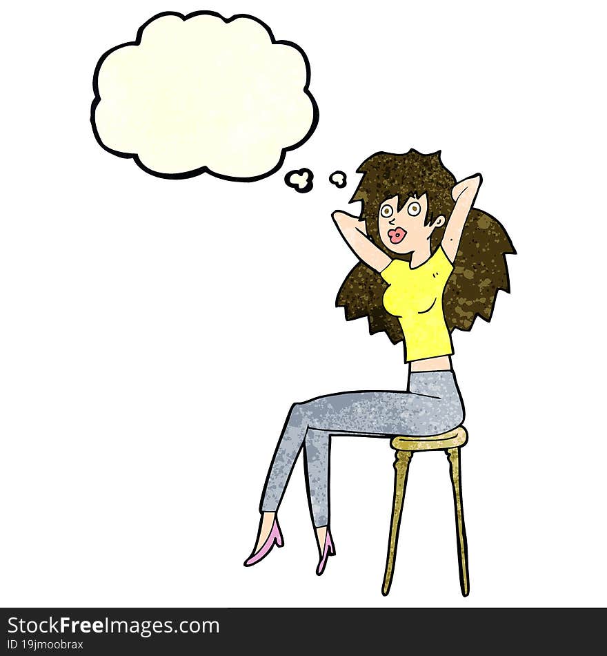 cartoon woman posing on stool with thought bubble