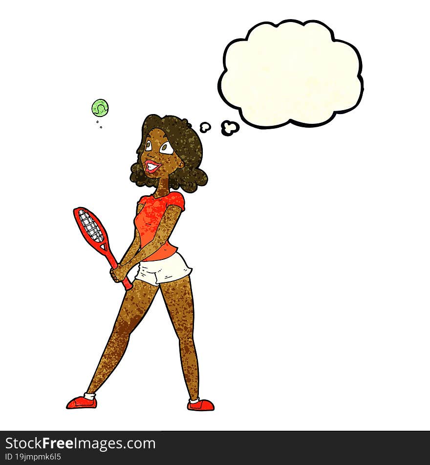 Cartoon Woman Playing Tennis With Thought Bubble