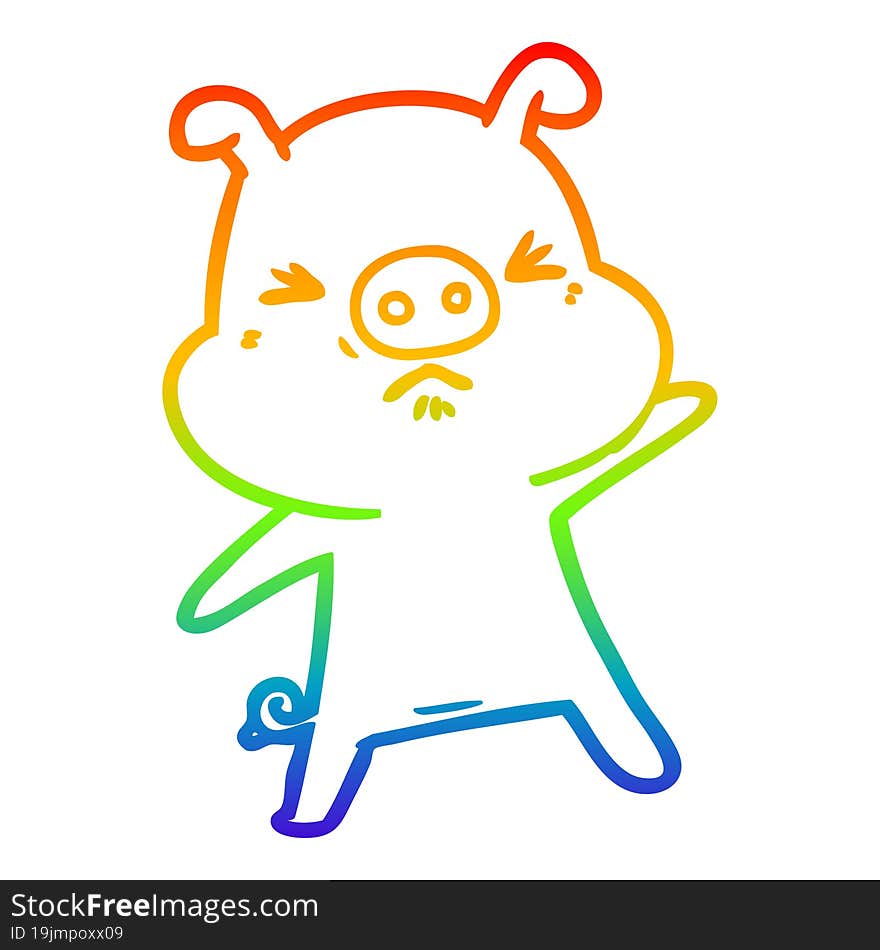 rainbow gradient line drawing of a cartoon angry pig