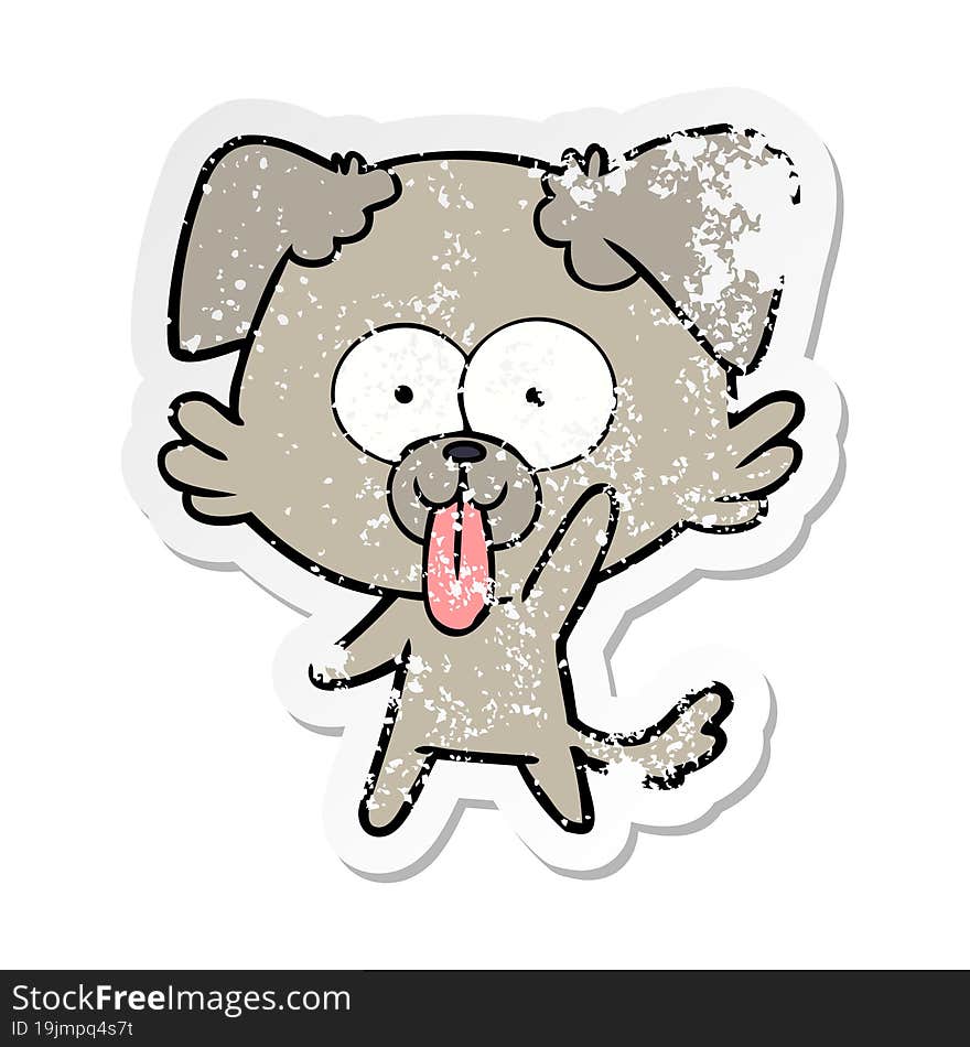 distressed sticker of a cartoon dog with tongue sticking out