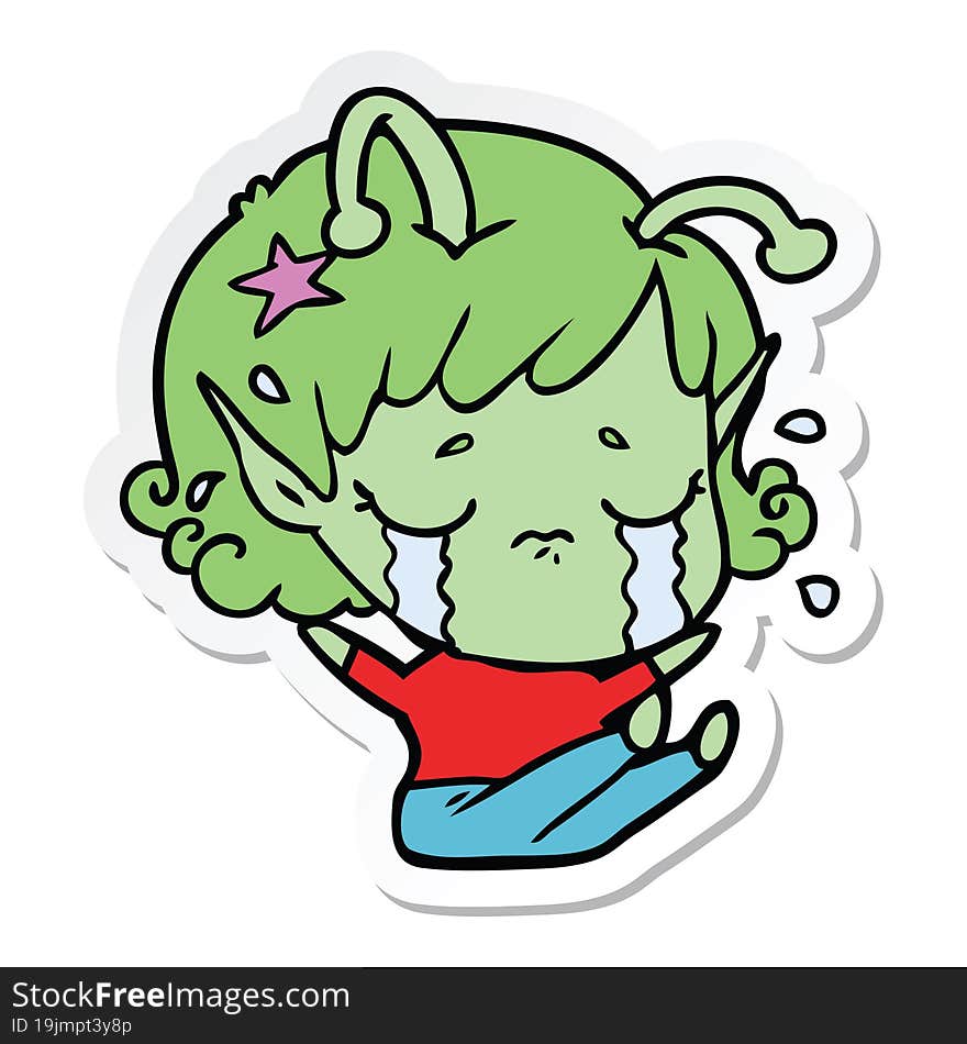 sticker of a cartoon crying alien girl