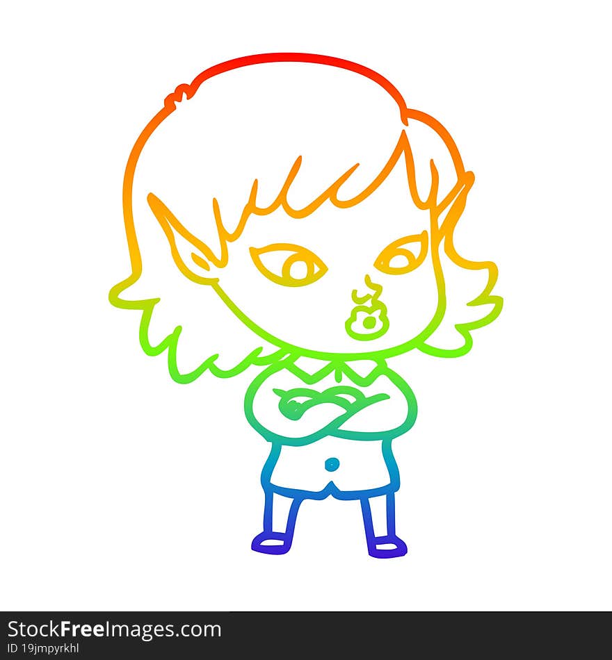 rainbow gradient line drawing of a pretty cartoon elf girl