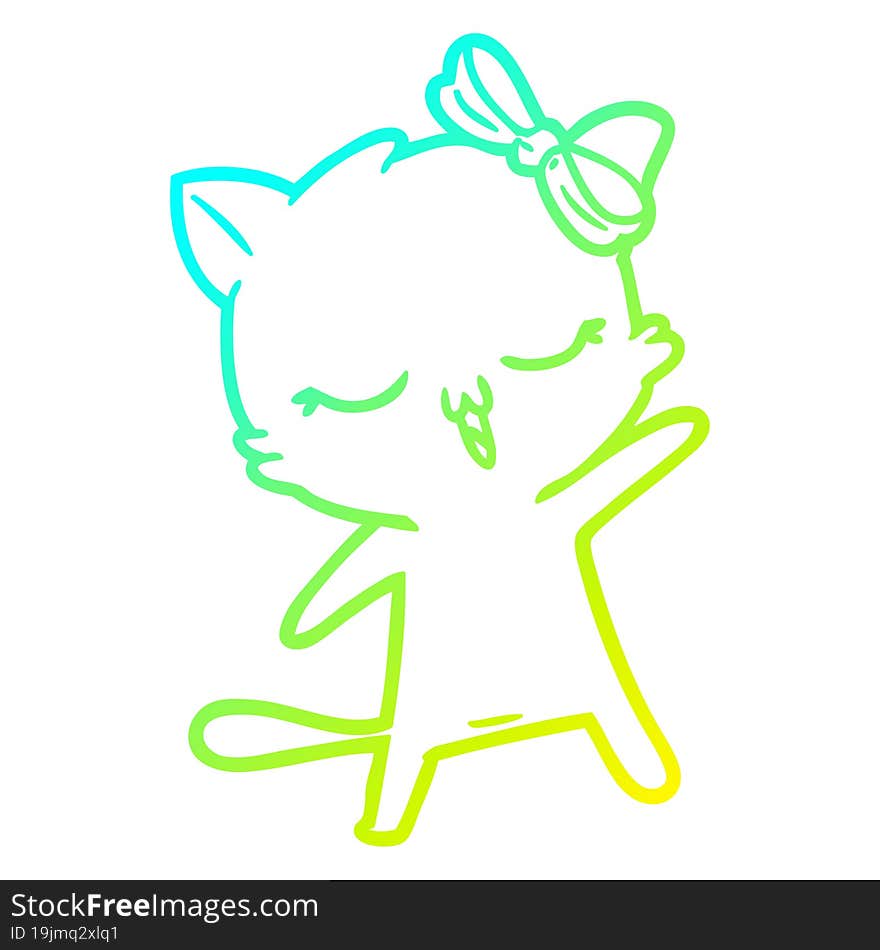 cold gradient line drawing of a cartoon cat with bow on head