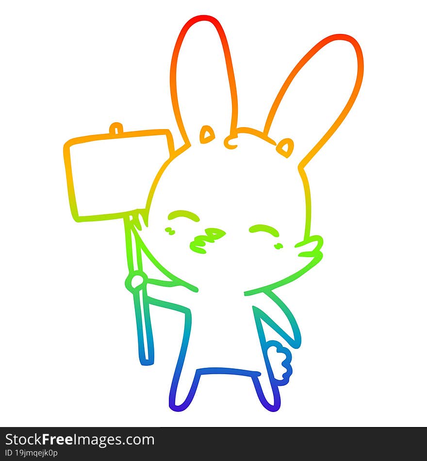 rainbow gradient line drawing of a curious bunny cartoon with placard