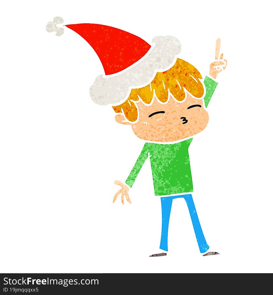 retro cartoon of a curious boy wearing santa hat