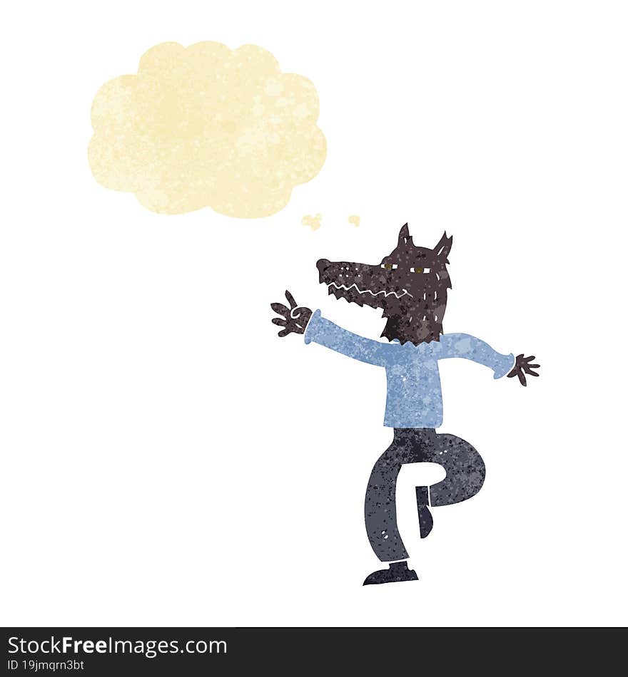 cartoon happy wolf man with thought bubble