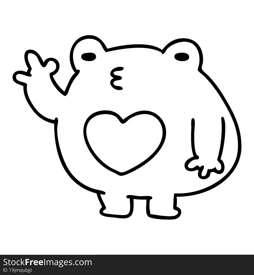 line doodle of a cute waving frog with love heart