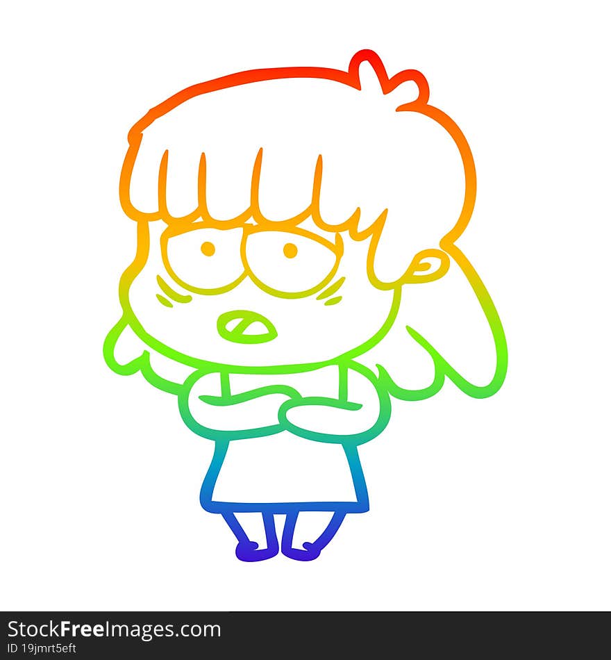 rainbow gradient line drawing cartoon tired woman