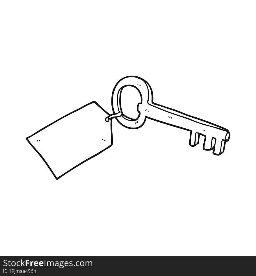 black and white cartoon key with tag