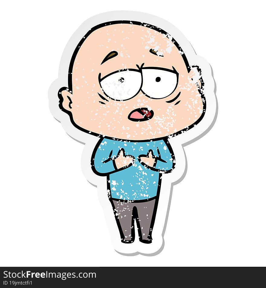 distressed sticker of a cartoon tired bald man