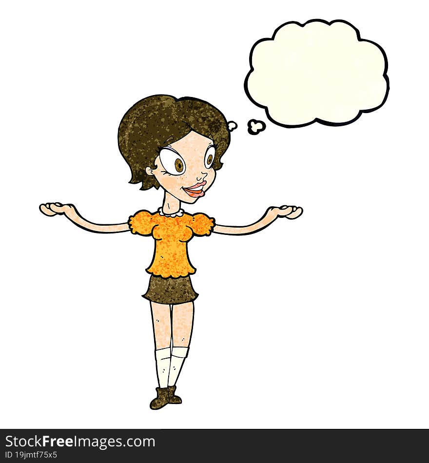 cartoon woman with arms spread wide with thought bubble