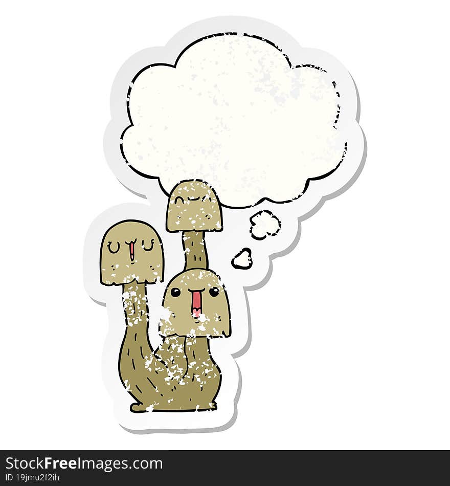 cartoon mushroom with thought bubble as a distressed worn sticker