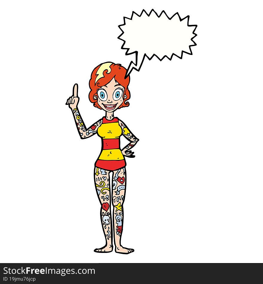 cartoon woman covered in tattoos with speech bubble