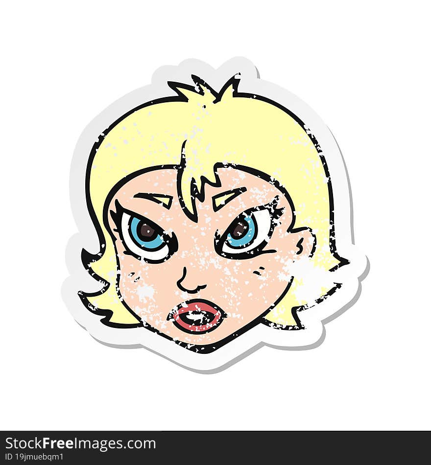 retro distressed sticker of a cartoon angry female face