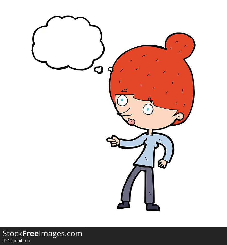 Cartoon Woman Pointing With Thought Bubble