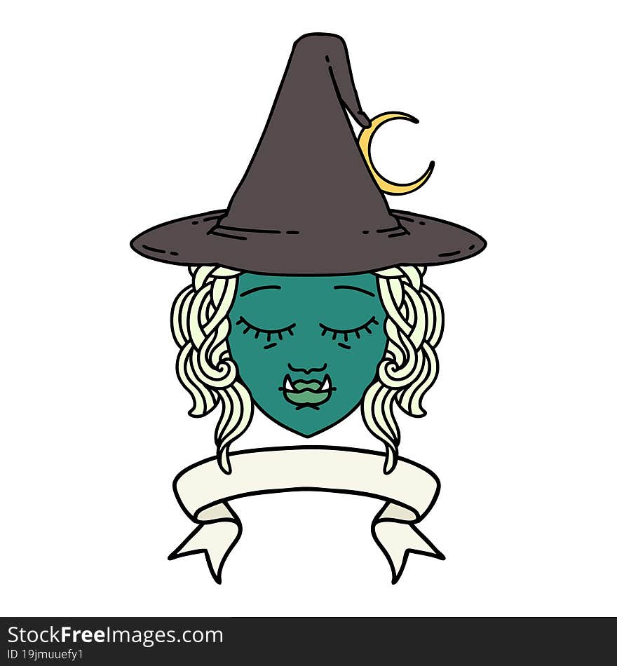 Retro Tattoo Style half orc witch character face with banner. Retro Tattoo Style half orc witch character face with banner