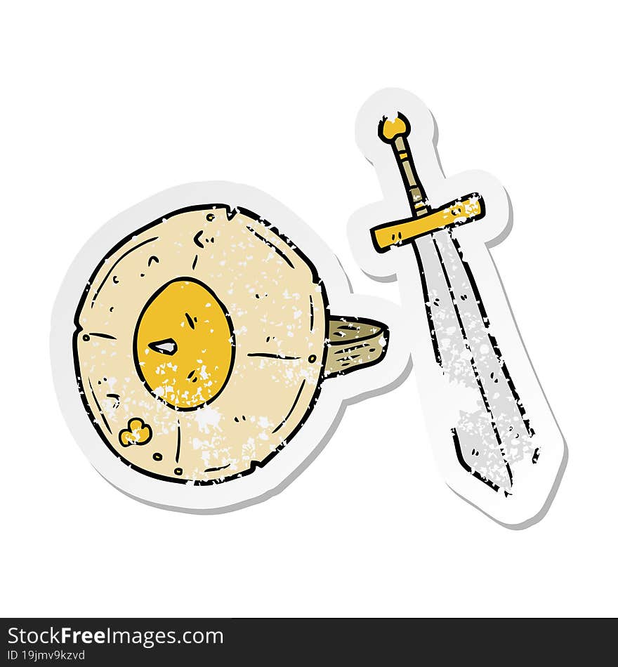 distressed sticker of a cartoon shield and sword