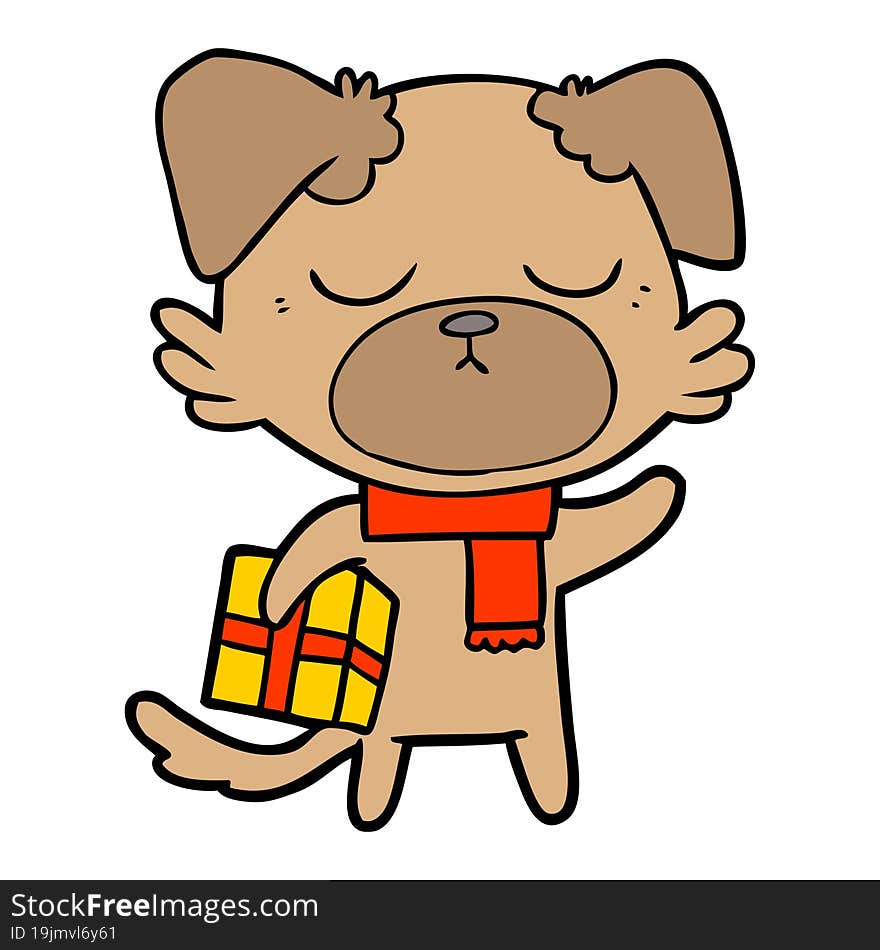 cute cartoon dog with christmas present. cute cartoon dog with christmas present