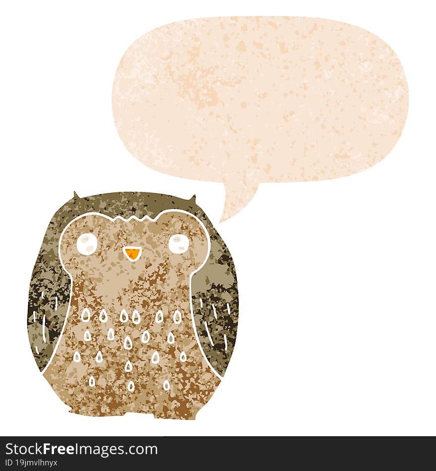 cute cartoon owl and speech bubble in retro textured style