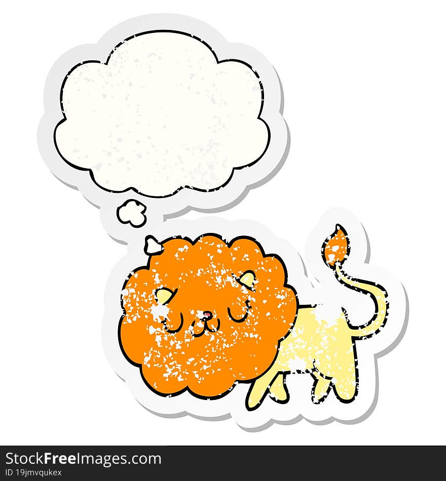 cartoon lion and thought bubble as a distressed worn sticker