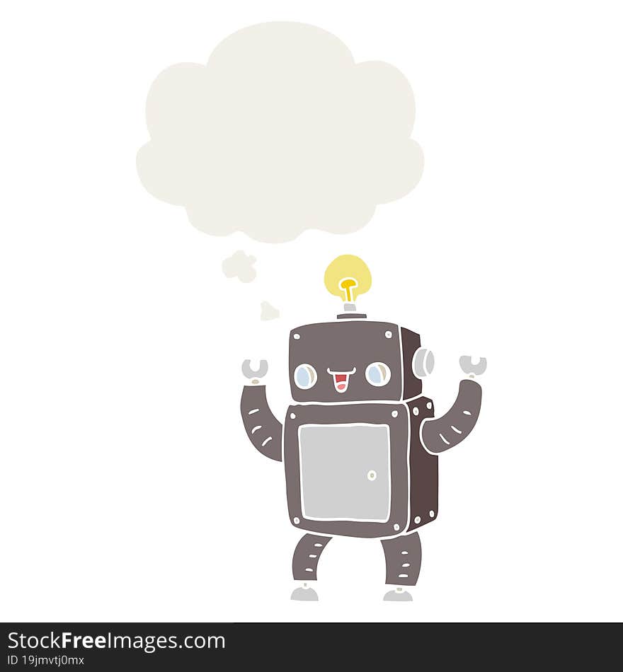 cartoon happy robot and thought bubble in retro style