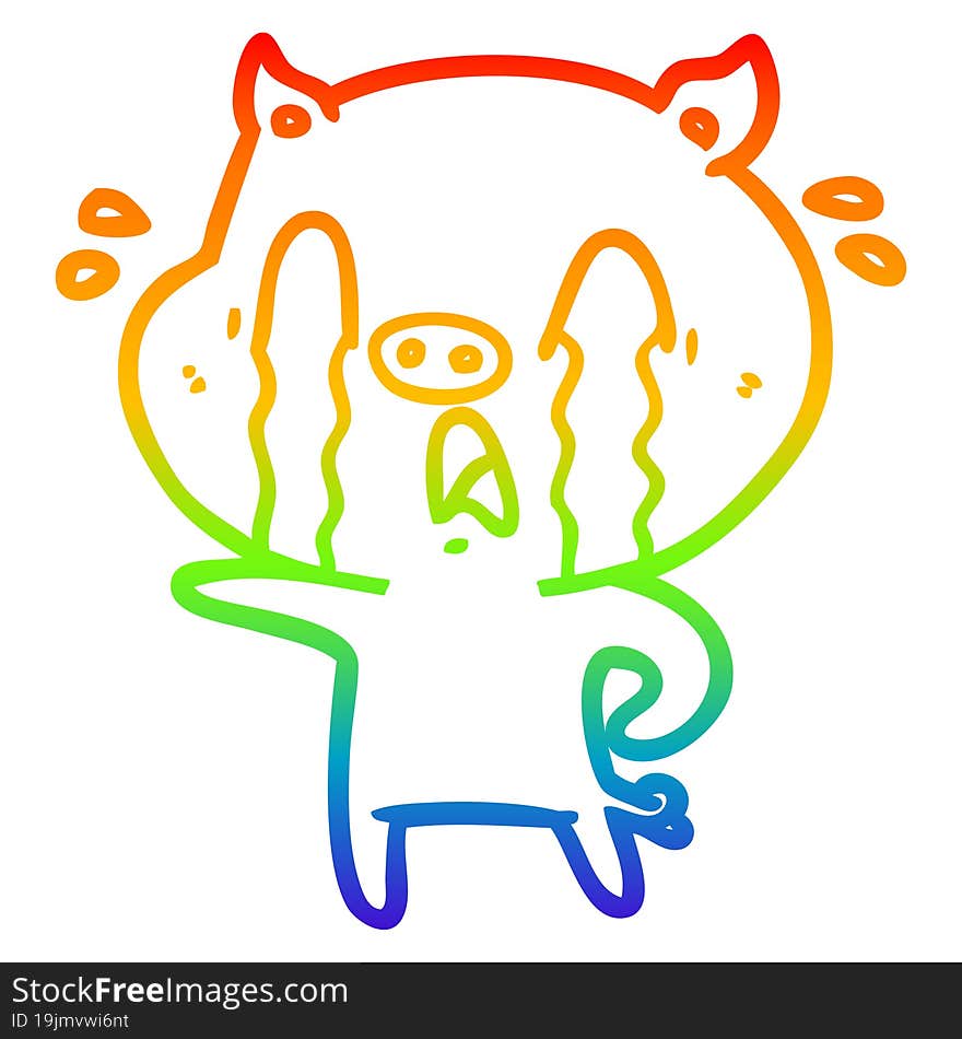 rainbow gradient line drawing of a crying pig cartoon