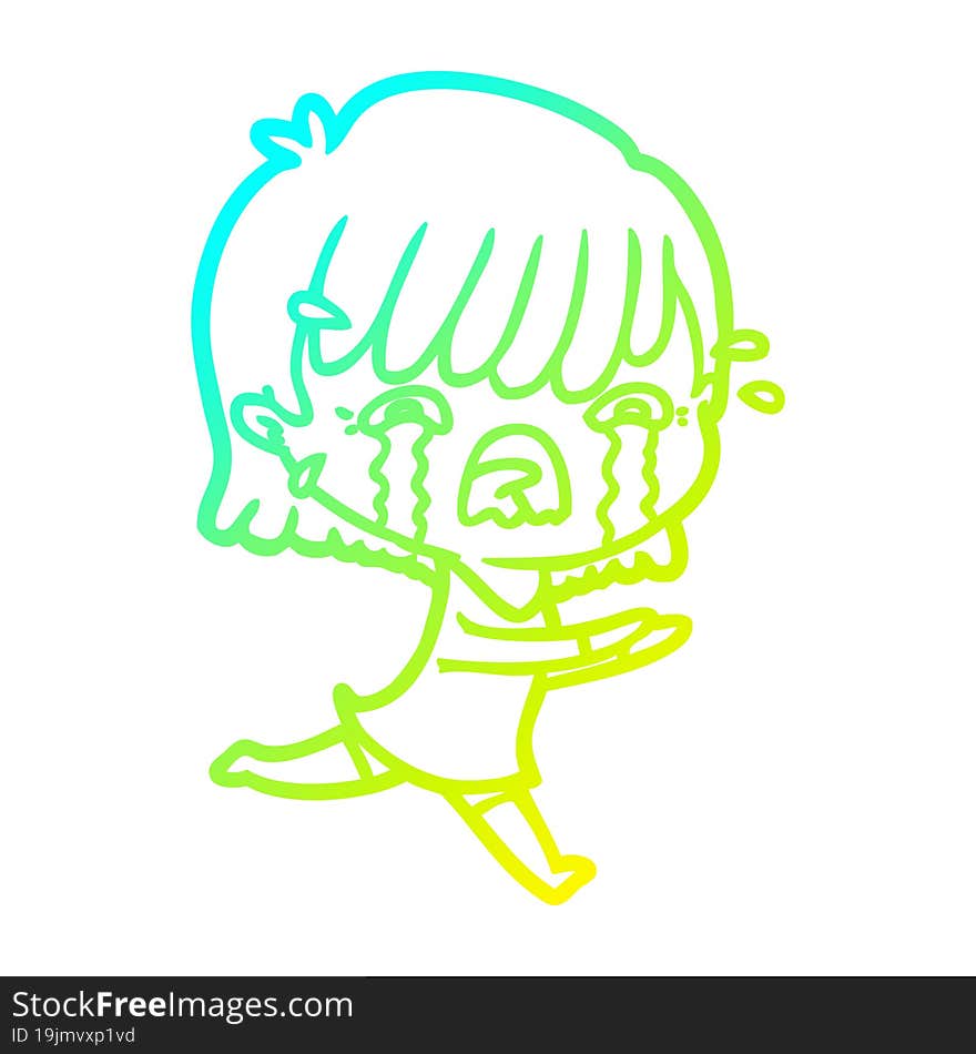 cold gradient line drawing of a cartoon girl crying