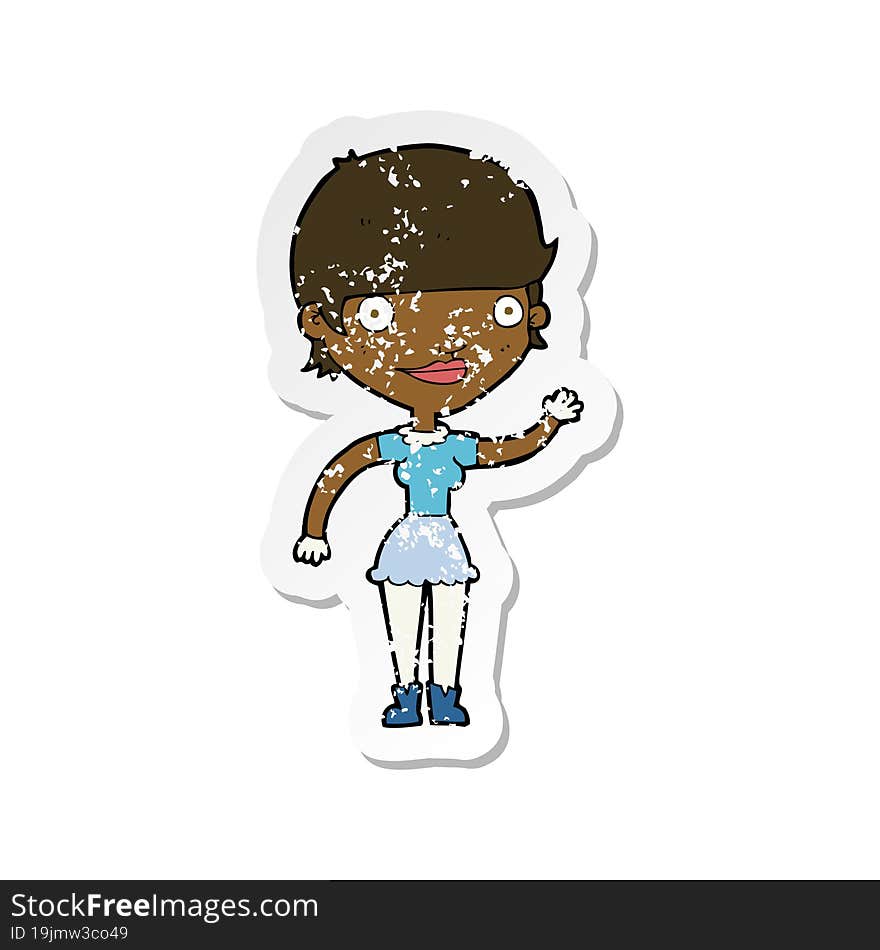 retro distressed sticker of a cartoon woman with idea